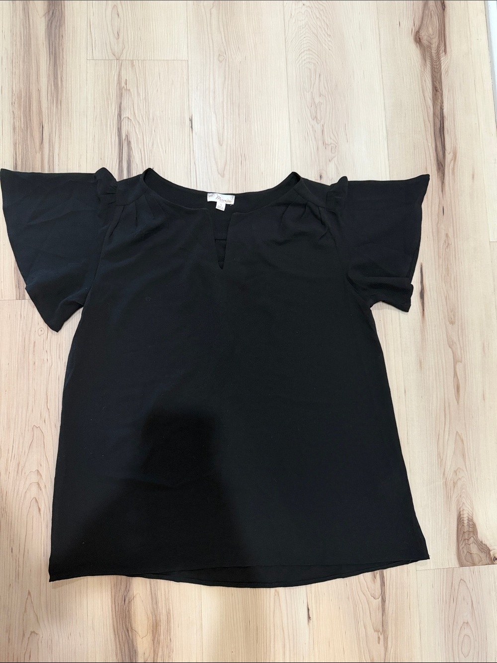 Misia Black Flutter Sleeve Split Neck Blouse